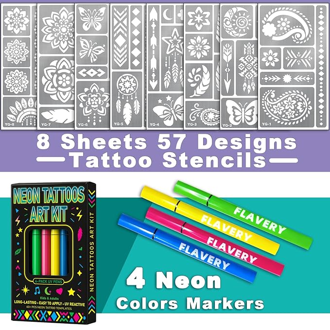 Glow in the Dark Face Paint Markers, UV Neon Body Paint Pen 4-Color + 8 Sheet Mandala Flower Bohemia Tattoos Stencils for Adult Teen Kid, Glow Party Nightclub Birthday Festival Christmas Washable