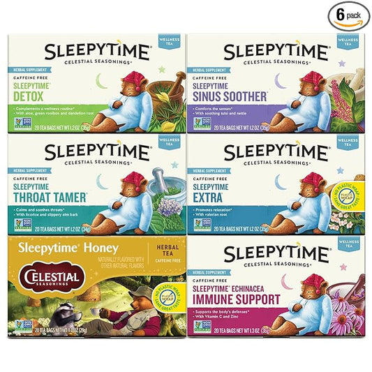 Celestial Seasonings Wellness Tea Sleepytime Variety Pack, Detox, Sinus Soother, Throat Tamer, Sleepytime Extra, Honey, Immune Boost, Caffeine Free Sleep Tea, 20 Tea Bags (Pack of 6)