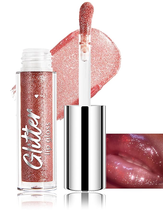 Erinde Glitter Shimmer Lip Gloss, Hydrating High-Shine Glimmer Finish & Sheer Wash Of Color Lip Oil, Non-Sticky, Moisturizing Lip Makeup, Bling Sparkle Lip Gloss Lipstick, Vegan & Cruelty-Free, 02