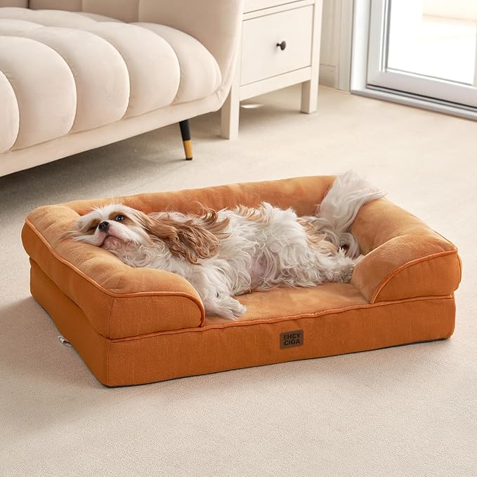 EHEYCIGA Orthopedic Dog Beds Large Sized Dog, Waterproof Washable Pet Bed | Non-Slip Bottom and Egg-Crate Memory Foam Dog Couch Bed with Washable Removable Cover, Pumpkin Orange