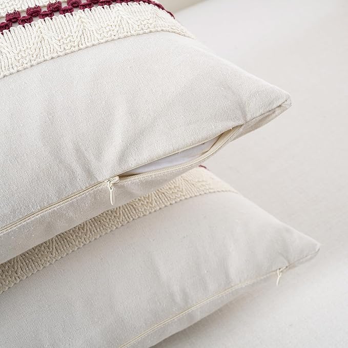 Fancy Homi Set of 2 Burgundy Boho Decorative Throw Pillow Covers 22x22 Inch for Couch Bed Sofa, Aesthetic Modern Farmhouse Christmas Room Decor, Soft Cotton Cute Textured Wind Red Cushion Case