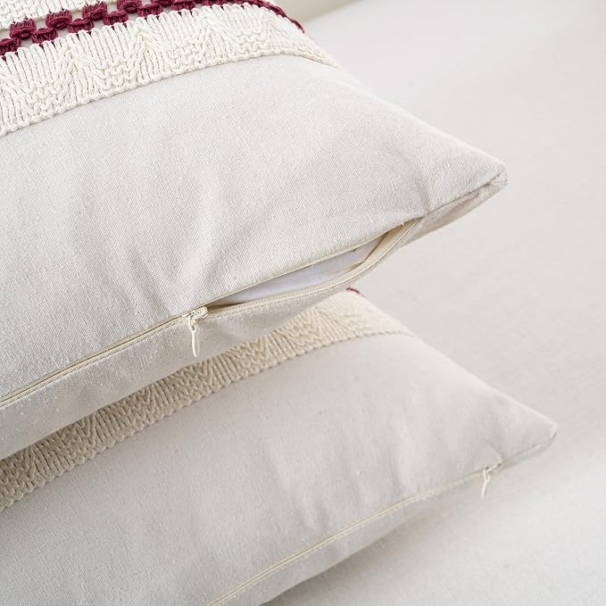 Fancy Homi Set of 2 Burgundy Boho Decorative Throw Pillow Covers 16x16 Inch for Couch Bed Sofa, Aesthetic Modern Farmhouse Christmas Room Decor, Soft Cotton Cute Textured Wind Red Cushion Case