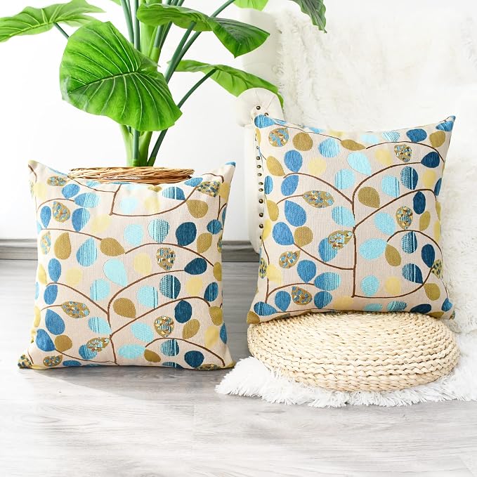 CaliTime Decorative Throw Pillow Covers 20 X 20 Inches Ecru Blue | Luxury Chenille Cute Leaves Cushion Case Shell for Couch Sofa Bed Living Room Home