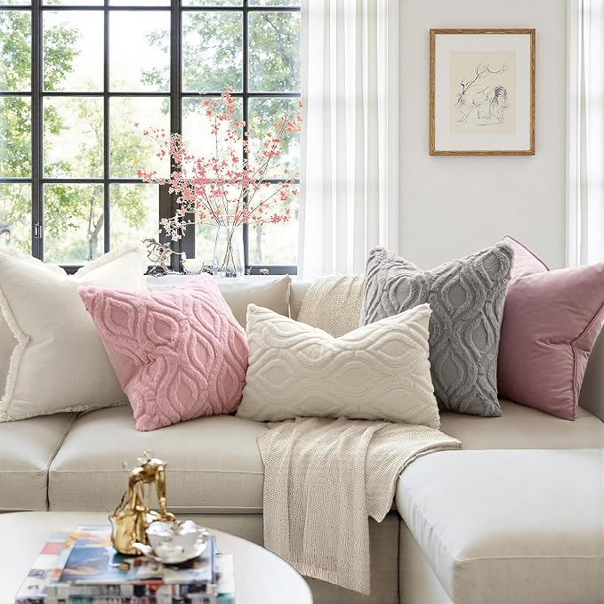 MIULEE Light Pink Soft Plush Faux Wool Euro Throw Pillow Covers 24x24 | Set of 2, Farmhouse Boho Home Decor, Decorative Cushion Covers for Sofa, Living Room, Bed