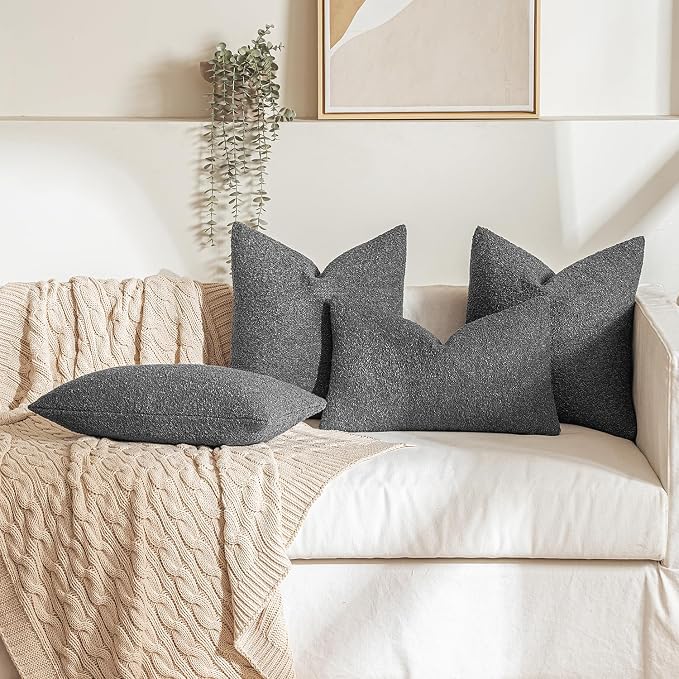 MIULEE 22x22 Decorative Euro Sham Boucle Couch Pillow Covers Charcoal | Set of 2 Textured Neutral Throw Pillow Covers, Accent Solid Pillowcases, Sofa Living Room Home Decor