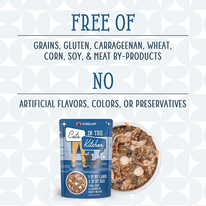 Weruva Cats in The Kitchen, 1 if by Land, 2 if by Sea with Tuna, Beef & Salmon in Gravy Cat Food, 3oz Pouch (Pack of 12)