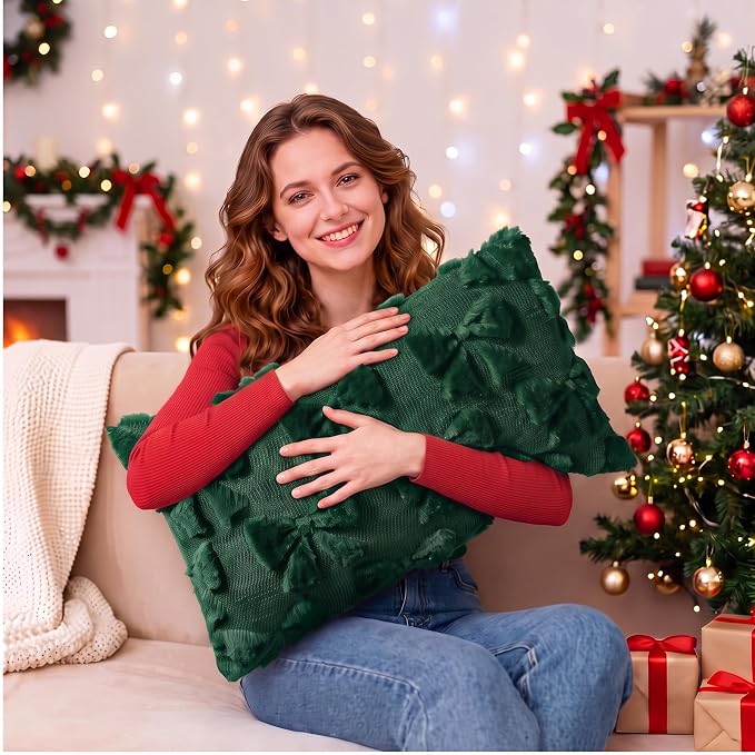 Mixweer Green Bow Pillow Covers Set of 2 Preppy Room Decor Coquette Cute Spring Summer Decorative Faux Fur Soft Bowknot Stuff Fluffy Plush Aesthetic Pillowcase for Bed Sofa Couch (12 x 20 Inch)