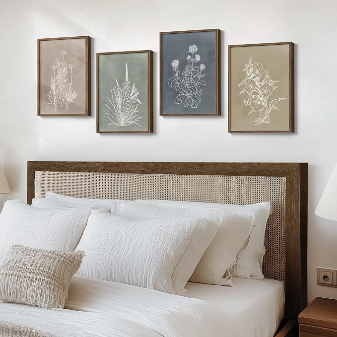 Framed Boho Neutral Botanical Wall Art for Living Room, 4 Piece 12x16 In | Rustic retro artwork, Floral pictures, Canvas prints, Vintage flower paintings, Modern farmhouse wall decor, Bedroom decor