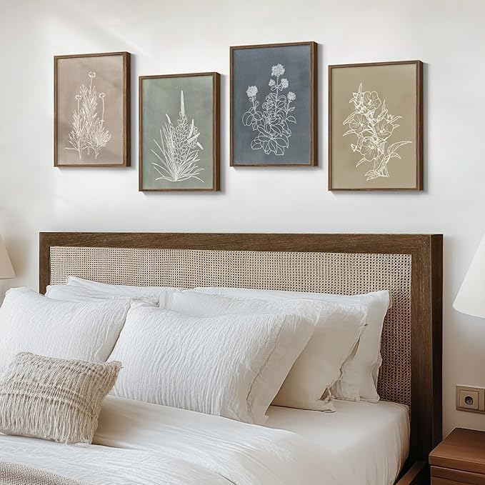 Framed Boho Botanical Wall Art for Bedroom, 4 Piece Vintage Neutral Floral Canvas Painting Prints, Minimalist Rustic Flower Pictures for Farmhouse Living Room Kitchen Dining Room Wall Decor, 11x14 In