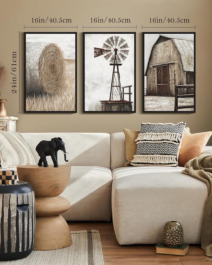 Drsoum Farmhouse Wall Art Vintage Rustic Windmill Barn Cornfield Pictures Framed Painting Landscape Countryside Rural Canvas Artwork Home Decor Ready to Hang 16x24in - Black Framed