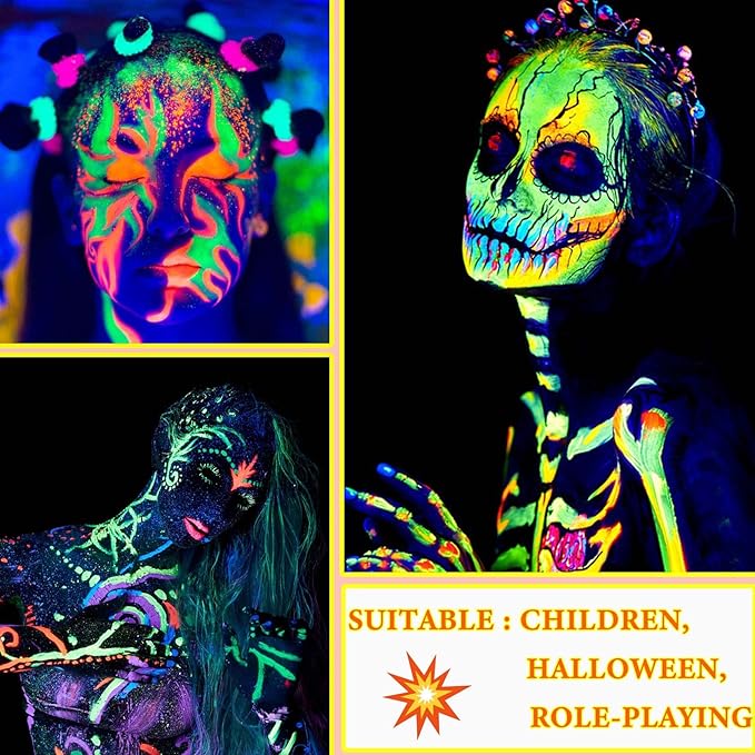 6 PCS Glow Body Paint Set,Glow in Dark Face Glitter Paint Body Glow Powder Neon Party Supplies Facial Highlighter Kits for Adults&Kids,Body Makeup