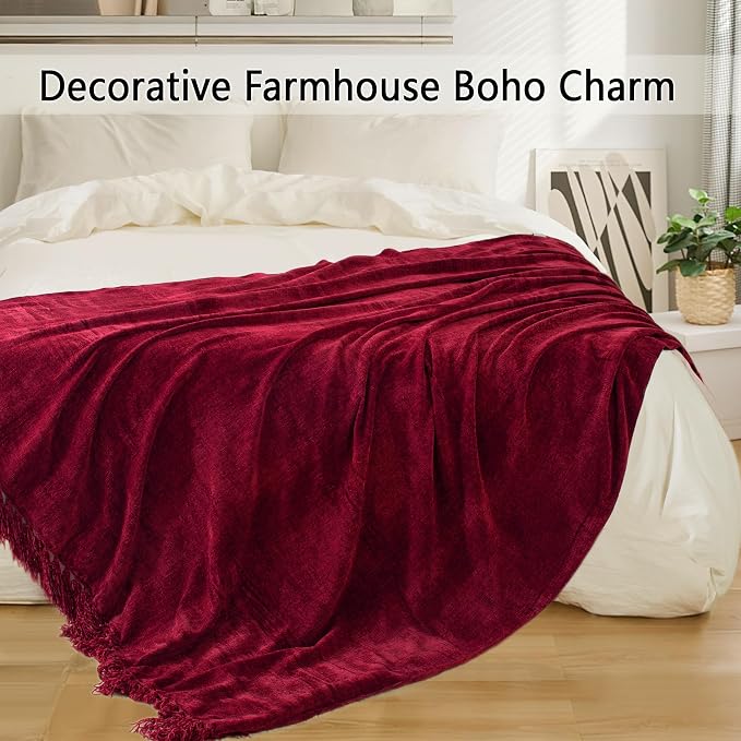 Chenille Throw Blanket for Couch 60" x 80" Twin, Red | Soft Cozy Throws with Fringe Tassel, for Living Room Bed Sofa Chair Cover, Lightweight Knitted Boho Blankets Christmas Decor