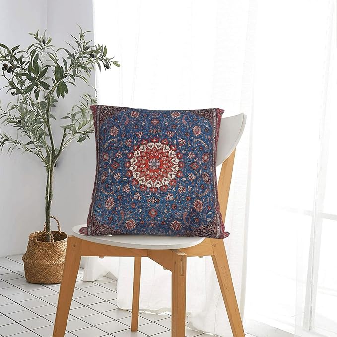 Antique Persian Rug Vintage Blue Print Pillow Covers Decorative Square Throw Pillowcase 18x18 Inch Couch Cushion Cover for Home Decor Living Room Bedroom College Dorm Bed Car Sofa