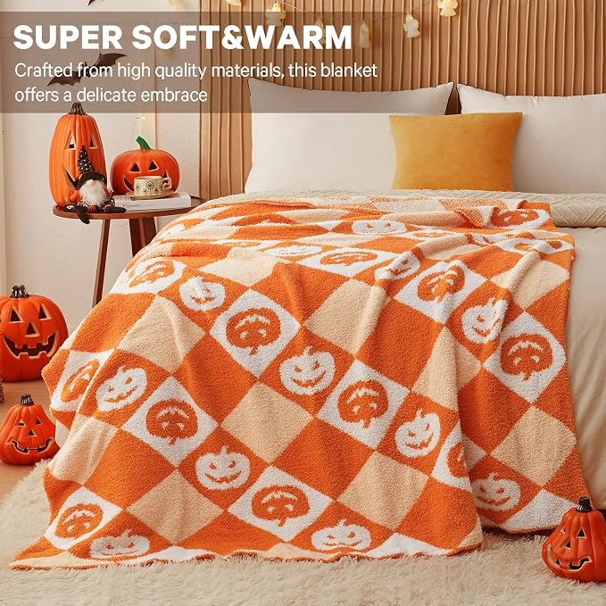 Halloween Knit Throw Blanket - Pumpkin Blanket for Couch, Soft Cozy Lightweight Fluffy Blanket for Fall Decor, 60"x80"