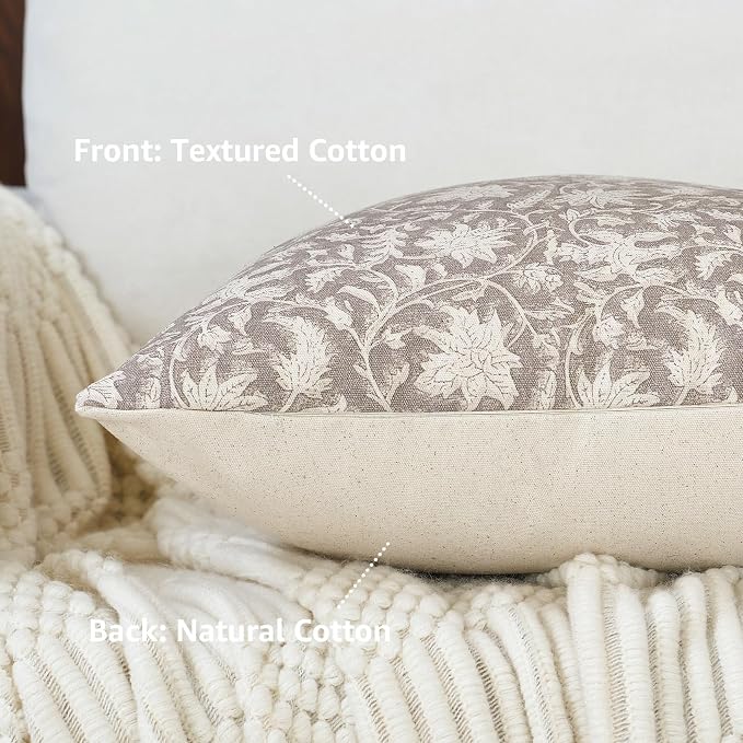 FIOUOVO Floral Throw Pillow Covers 18x18 Farmhouse Block Print Pillow Covers Decorative Pillow Covers Couch Pillows for Living Room Vintage Accent Sofa Pillows Set of 2, Taupe Grey