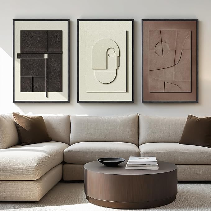 Large 3D Framed Abstract Wall Art Set, 3 Piece Modern Artwork for Walls | Solid Wood Frames, Textured Paintings, Black White Brown Neutral Tones, Living Room Dining Bedroom Office Pictures Wall Decor
