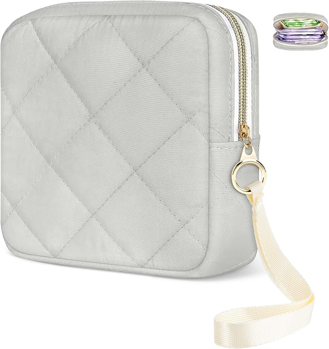 Likesing Quilted Period Bag, Period Pouches for Teen Girls Womens, Portable Sanitary Napkin Storage Bag with Wrist Strap Feminine Emergency Tampon Pad Pouch(Grey)