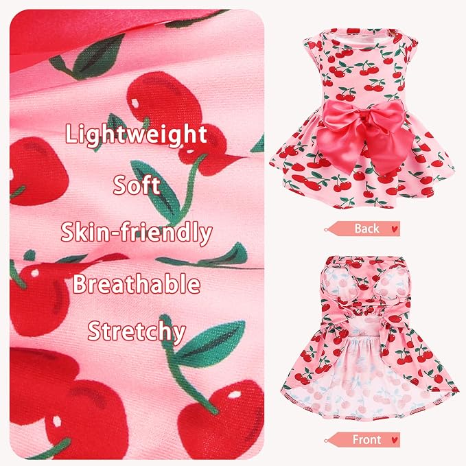 PUPTECK Stylish Cute Dog Dress with Bow Puppy Clothes, Pink Cherry XS | Breathable Lightweight Adorable Puppy Doggie Pet Clothes Outfits Apparel Costume for Party Holiday Photoshoot