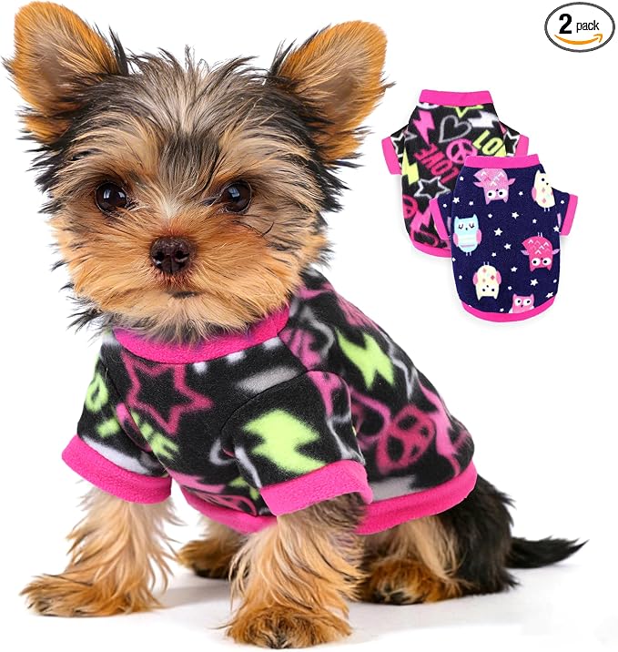 2 Pieces Dog Sweaters for Small Dogs Girl Fleece Puppy Sweater for Teacup Chihuahua Yorkie Clothes Soft Warm XXS Dog Clothes Doggie Pet Outfit Cute Print, Rose, Pink