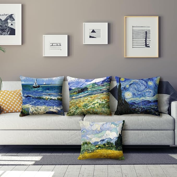 Vincent Van Gogh Pillow Cases Set of 4 Abstract Art Design Cushion Covers Square Decorative Pillow Covers for Famous Painting Fans 18 x 18 Inches