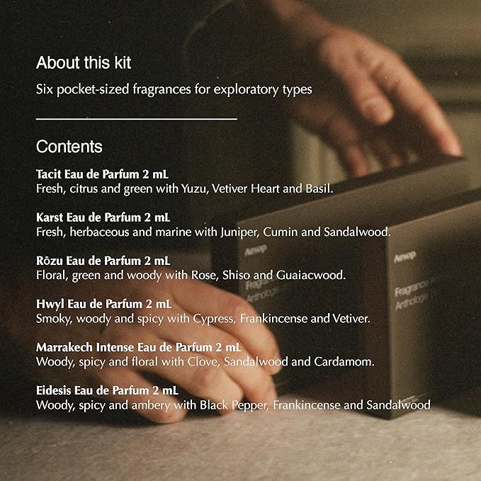 Aesop Fragrance Anthology Volume I | Discovery Set of Eau de Parfums | Featuring Fresh, Woody, Floral, and Spicy Scents | Pack of 6 | 2ml each