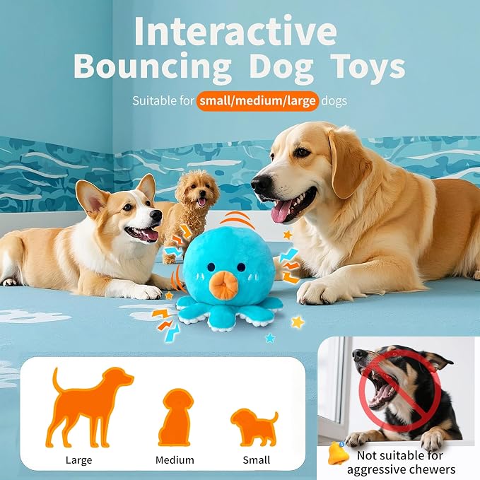 Interactive Dog Toys, Moving Squeaky Octopus Toy with Bouncing Ball, Rechargeable Rolling Dog Toy for Small Medium Large Dogs to Keep Them Busy, Jumping Music Talking Recording Mode