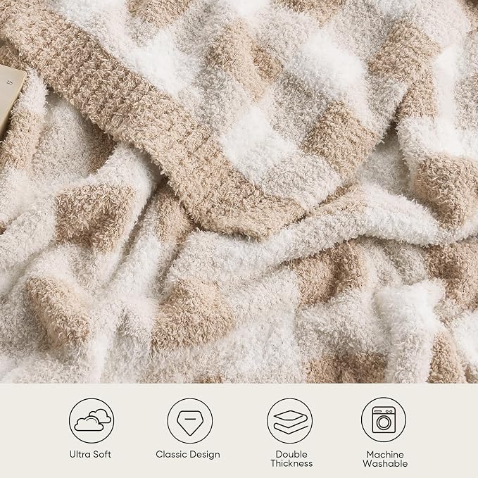 Snuggle Sac Checkered Throw Blanket for Couch, Super Soft Cozy Warm Knit Netural Decorative Fluffy Blankets, Reversible Buffalo Plaid Microfiber Throws for Sofa Bed, Plaid Beige, 50x60 Inches
