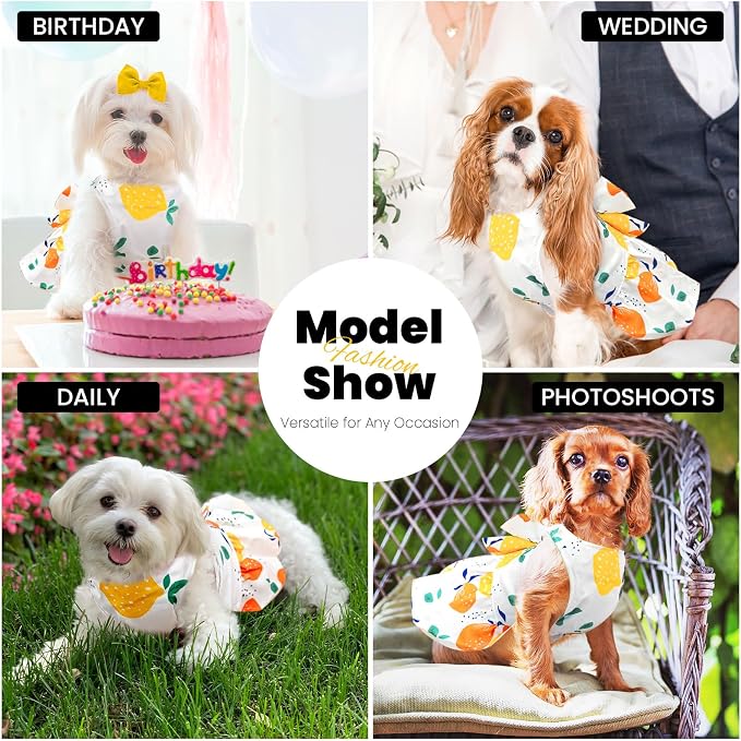 ABRRLO Cute Dog Dress Small Dog Clothes for Girls Female Puppy Outfits Yellow Lemon Pet Summer Clothes Bowknot Doggy Cat Princess Dress Harness for Holiday Birthday Party Costume Clothing(Yellow,M)