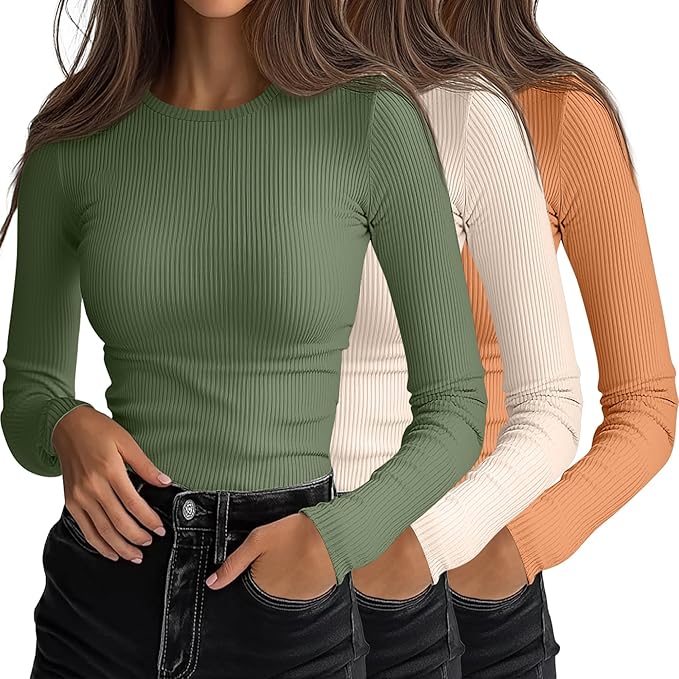Ficerd 3 Pack Women's Ribbed Long Sleeve Tops, Crew Neck Slim Fit Undershirts Knit Basic Casual Stretch Layering Tee Shirts
