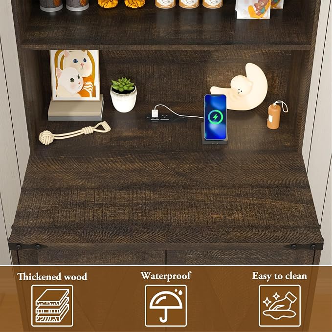 71Inches Tall Cat Litter Box Enclosure for Cats W/Power Outlets,Open Shelves.Wooden Pet Washroom Furniture W/Lock,Cabinet.White Indoor Cats House,Hidden Cat Litter Box for Living Room,Bedroom(Brown-2)