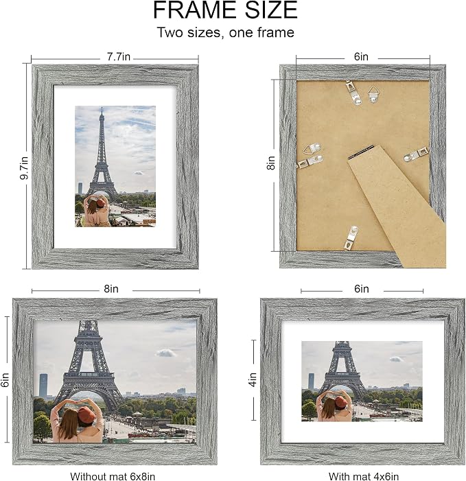 Hongkee 6x8 Picture Frame Set of 4, Made of Real Glass and Grey Frame - Display Picture 4x6 with Mat or 6x8 Without Mat, 6 by 8 Photo for Wall or Tabletop