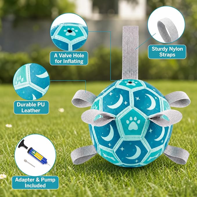 Dog Soccer Ball with Straps, 7.25 Inch Herding Dog Ball Toys Dog Birthday Toy, Balls for 30-90lbs Dogs, Outdoor Dog Toy for Medium Large Puppy, Interactive Toy for Tug, Water Toy Ball,Blue