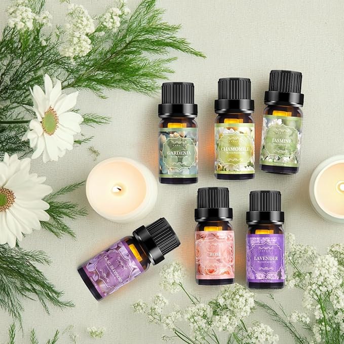 Auelife Floral Essential Oils Set, 6x10ml Rose, Jasmine, Lavender, Gardenia Pure Fragrance Oils for Diffuser, Candle Making, DIY Bath Bomb, Romantic Home Aromatherapy