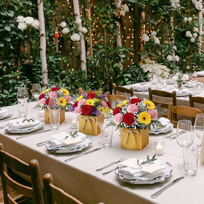 12 Pack Galvanized Square Vases with Floral Foam, 3.5 inch Waterproof Rustic Tin Buckets with Twine Bows, Mini Farmhouse Metal Planter Centerpieces for Wedding Party Table Decor (Gold)