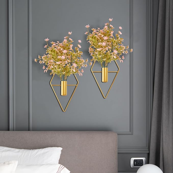 Yorkmills Plant Wall Decor Gold Hanging Vase with Pink Artificial Flowers | Diamond Metal Wall Planter Decorations Set of 2, Fake Plant Home Wall Decor for Living Room, Dining Room, Bedroom, Bathroom