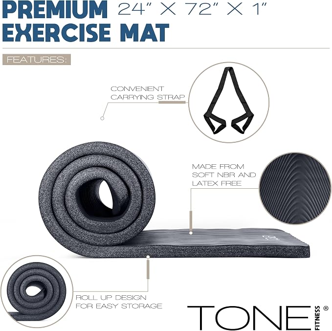 Tone Fitness 1-Inch Thick Yoga Mat | High-Density, Non-slip Exercise Mat with Carrying Strap for Yoga, Pilates, & Home Gym Workouts | Multiple Options