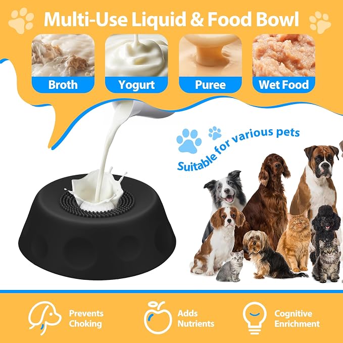 Dog Licking Bowl with Rolling Ball - Slow Feeder Dog Lick Bowls for Yogurt Liquid Treat, Anti-Slip Entertained Bone Broth 5/6 Cup Pup Licking Toy for Large Medium Small Pet Cats Dietary Black