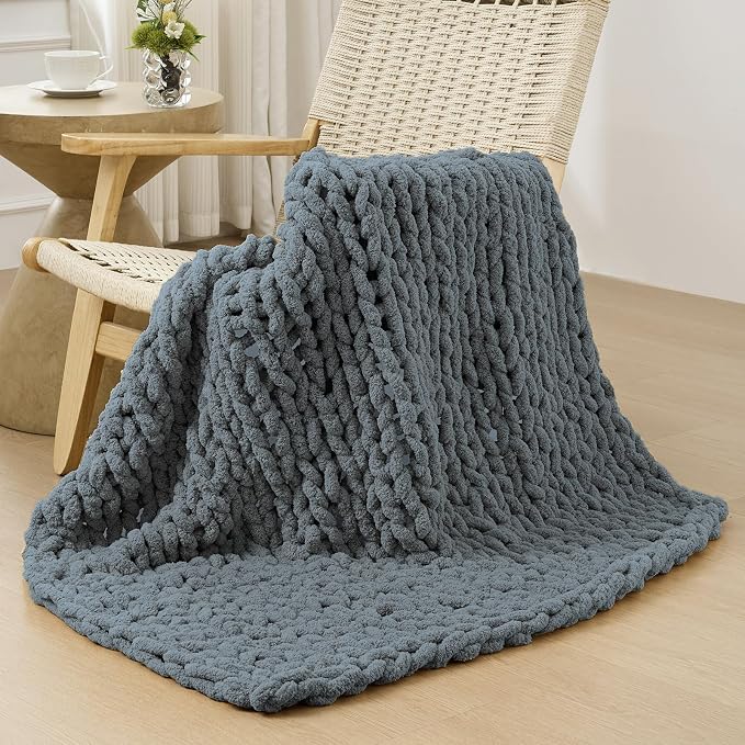 Bigacogo Chunky Knit Throw Blanket for Couch, 40x40 inches, Iron Gray | Hand Knit with Jumbo Chenille, Soft Breathable Cable Knit for Sofa Bed Living Room, Machine Washable, Gift for Mom Friend