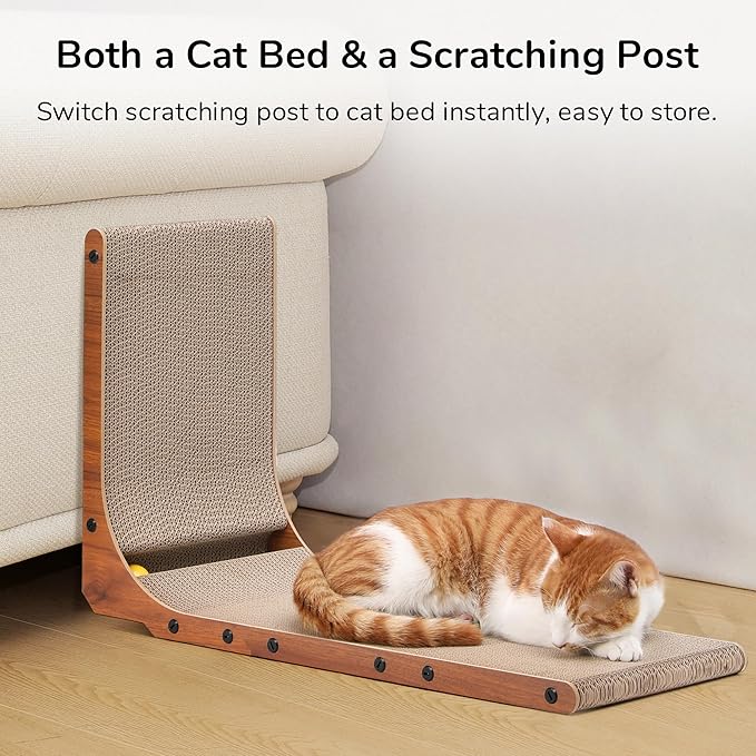 FUKUMARU Cat Scratcher for Indoor Cats, 26.8 Inch Cat Scratch Pad L Shaped | Cardboard Cat Scratcher, Vertical Cat Scratching Board with Ball Toy, Walnut Color, 1 Pack
