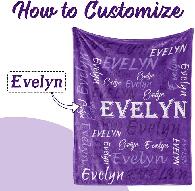 Personalized Custom Purple Theme Light Soft Flannel Fleece Throw Blanket with Name for Men, Women, Boys, Girls, Kids - Customized Name Gifts for Birthday, Christmas, Valentines Day