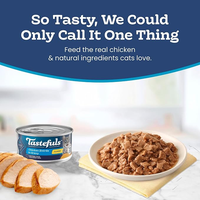 Blue Buffalo Tastefuls Chicken Flaked Wet Cat Food, 3 oz, 4 ct | Real Chicken First, Entrée in Gravy, No Chicken By-Product, Corn, Wheat, or Soy