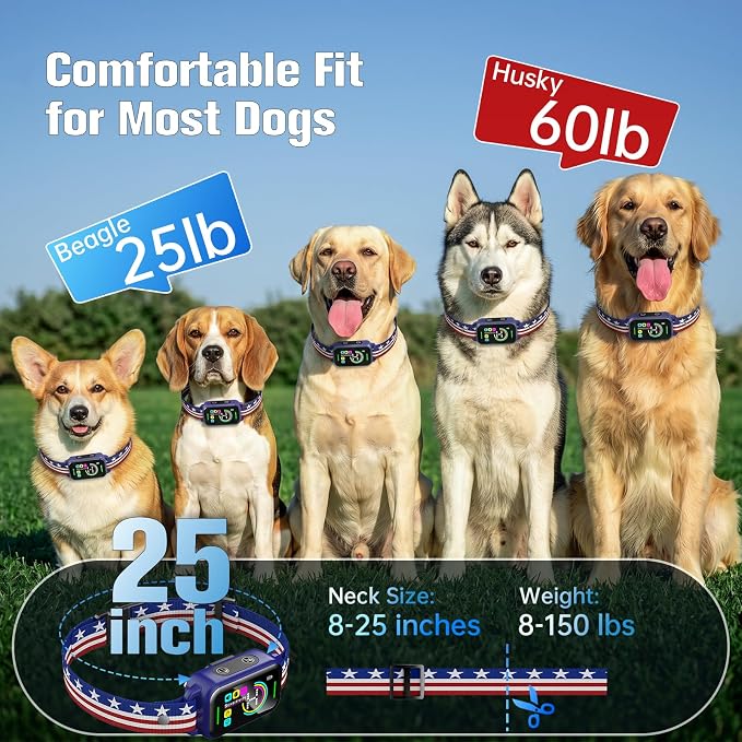 Bark Collar for Large Medium Small Dogs - Smart AI 1S Stop Barking, Anti Barking Device & Dog Training Collar with Beep, Vibration & 8-Level Sensitivity, IP67 Waterproof - Red White Blue