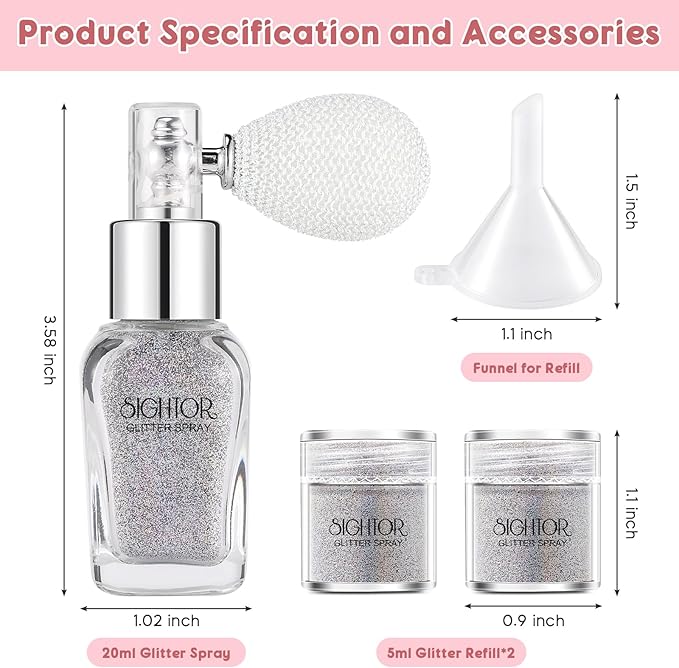 SIGHTOR Body Glitter Spray, 30ML Shiny Spray for Body Hair Face Clothing, Highlighter Powder Shimmer Sparkle Pearl Powder Makeup Nail Art Spray for Stage Makeup Party (Sliver)
