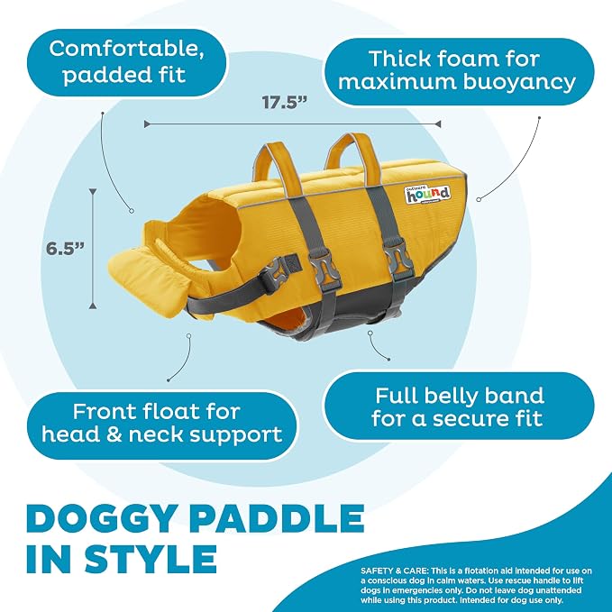 Outward Hound Granby Splash Dog Life Jacket, Life Vest, Yellow, Large | Max Buoyancy, Adjustable Fit, Head/Neck Support, Rescue Handle, Reflective, Swimming & Boating, Large Dogs (28–32" Girth)