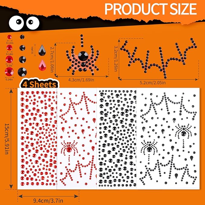 YGDZ Face Gems, Face Jewels for Women, Stick On Red, Black Face Rhinestones, Halloween Makeup Face Stickers, 3D Spider Web Jewels Stickers, Rave Accessories