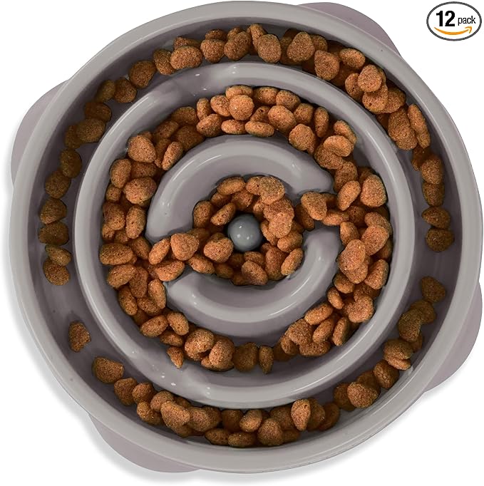 Outward Hound Fun Feeder Slo Bowl – Medium 2‑Cup Capacity,Slow Feeding,Small to Medium Dogs & Cats,Non-Slip,Gray,Drop Pattern,(Pack of 12)