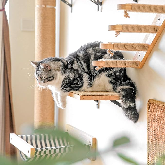 FUKUMARU Cat Wall Shelves, 17 x 10 Inch, Sisal Mat | Solid Rubber Wood Floating Shelf with Upgraded Installation, Kitten Wall Furniture for Sleeping, Playing and Scratching