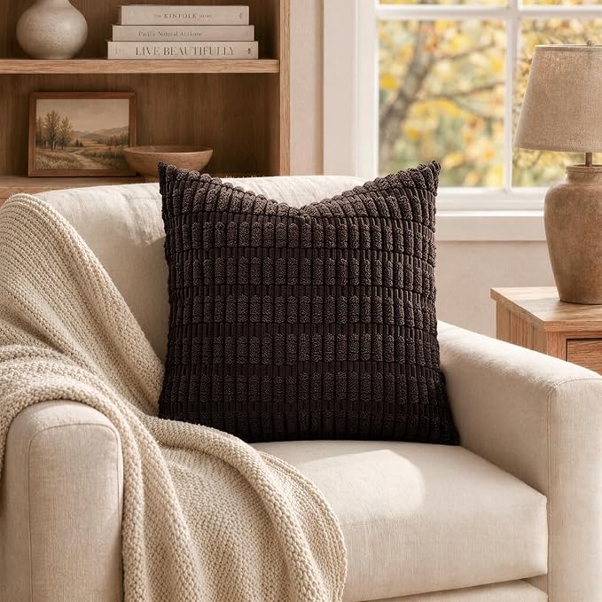 MIULEE Corduroy Decorative Throw Pillow Covers 20x20 Dark Brown Pack of 2 | Soft Boho Striped Pillow Covers Modern Farmhouse Fall Home Decor For Sofa Living Room Couch Bed