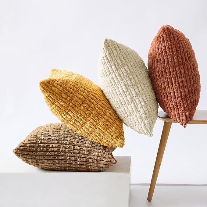 MIULEE Pack of 4 Fall Corduroy Decorative Throw Pillow Covers 20x20 Camel | Neutral Rustic Farmhouse Boho Soft Striped Pillow Covers,Home Decor for Sofa,Living Room,Couch,Bed