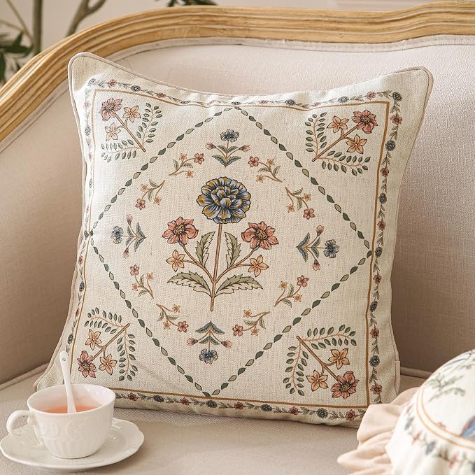 Designer Linen Throw Pillow Cover,Set of 2,18"x18"-Cornucopia B | Elegant French Square Pillow Cover,Concealed Zipper Design,Floral Pattern,Sofas,Bedroom,Living Room,Lounge Chairs